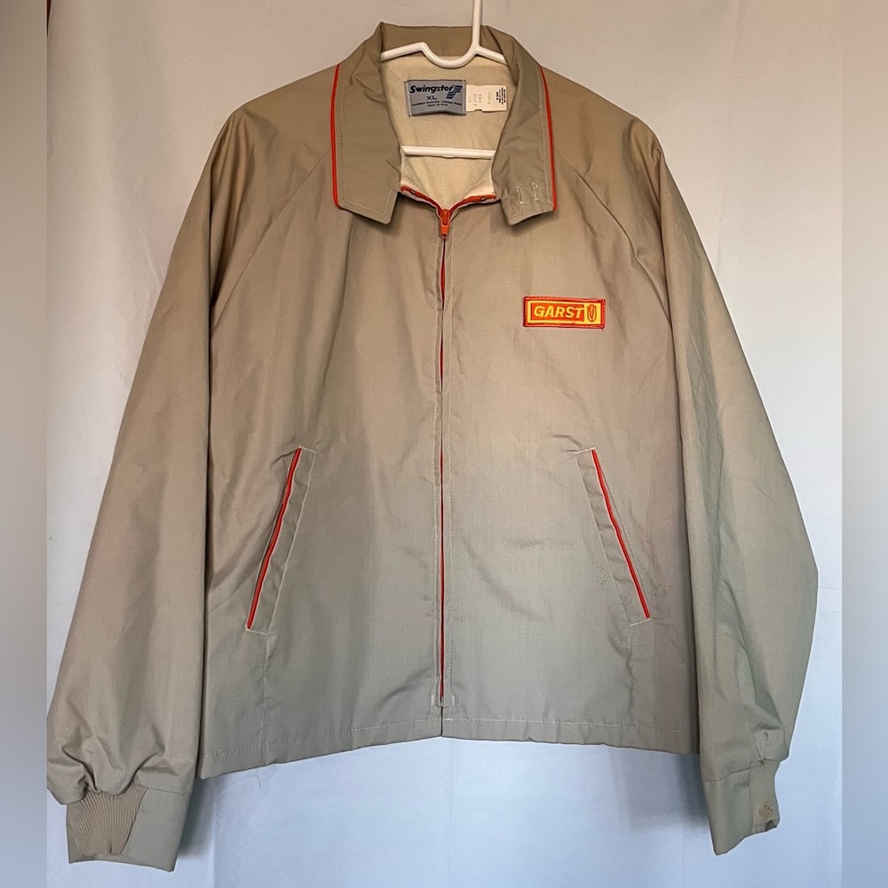 VINTAGE GARST SEED KHAKI TAN FARM JACKET SWINGSTER ADULT SZ XL
